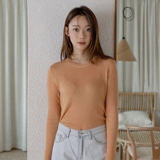 Round-hem Sheer Rib-knit Top