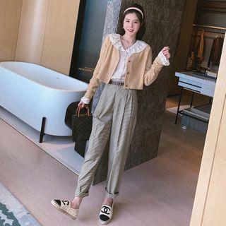 Cropped Cardigan / Plaid Dress Pants