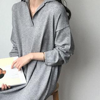 Collared Loose-fit Midi Knit Dress