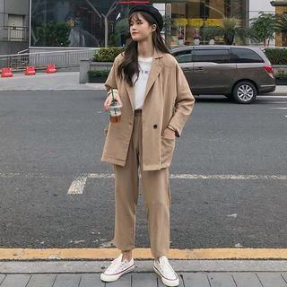 Set: Buttoned Blazer + Straight-fit Pants Khaki - One Size