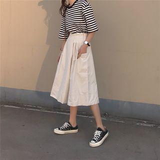 Striped Elbow Sleeve T-shirt / Plain Culottes