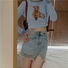 Long-sleeve Bear Print T-shirt Blue - One Size