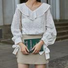 Plain V-neck Flower Trim Cutout Long-sleeve Shirt White - One Size