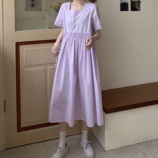Short-sleeve Square-neck Midi A-line Dress Light Purple - One Size