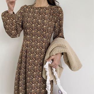 Crewneck Floral Long-sleeve Dress Yellow - One Size