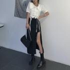 Puff-sleeve Drawstring Blouse / Midi A-line Slit Skirt