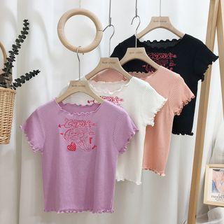 Lettuce Edge Short-sleeve Embroidered Knit Cropped Top