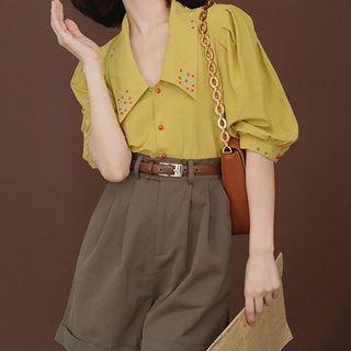 Set: Elbow-sleeve Collared Blouse + Wide Leg Dress Shorts