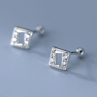 Square Rhinestone Sterling Silver Earring 1 Pair - S925 Silver - Silver - One Size