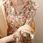 Puritan-collar Tulip-patterned Chiffon Dress Cream - One Size