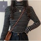 Long-sleeve Turtleneck Striped Fleece-lined Knit Top