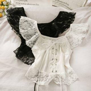 Boatneck Lace-up Lace Top