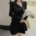 Long-sleeve Zip-front A-line Plain Dress Black - One Size