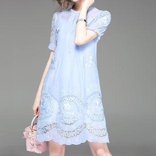 Set: Floral Embroidered Short-sleeve A-line Dress + Strappy Dress