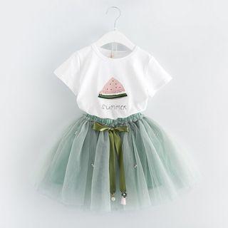 Set Of Two: Short-sleeve Printed Top + Tie- Wasit Bow Mesh Skirt