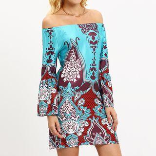Patterned Off-shoulder Long-sleeve Minidress