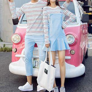 Couple Matching Long-sleeve Striped T-shirt/ Ruffle-hem Pinafore Dress/ Cropped Straight Cut Pants