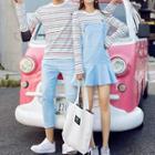 Couple Matching Long-sleeve Striped T-shirt/ Ruffle-hem Pinafore Dress/ Cropped Straight Cut Pants