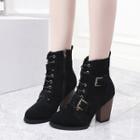 Faux Suede Buckled Lace-up Block Heel Short Boots