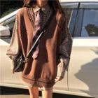 Plain / Plaid Puff-sleeve Shirt / V-neck Knit Vest