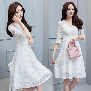 Bell-sleeve V-neck Lace Dress