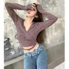 Long-sleeve Tie-strap Cropped Knit Top Pink - One Size