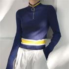 Mock-neck Half Zip Long-sleeve Knit Top Blue - One Size