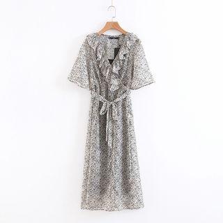 Set: Floral Print Short-sleeve Ruffle Chiffon Dress + Slipdress