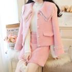 Set: Collared Fringed Single-breasted Jacket + Mini A-line Skirt