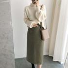 Mock-turtleneck Ribbed Sweater / Plaid Midi Straight-fit Skirt