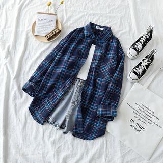 Plaid Long-sleeve Loose-fit Shirt / Plain Camisole Top