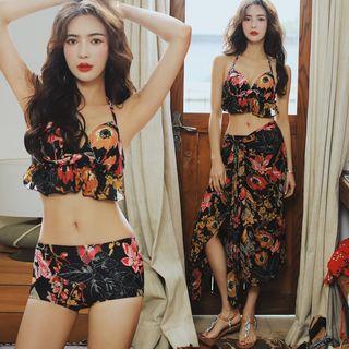 Set Of 3: Floral Print Bikini + Swim Shorts + Cover-up