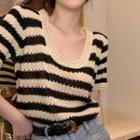 Short-sleeve Striped Knit Top Off-white & Black - One Size