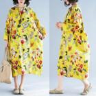 Floral Long-sleeve Midi A-line Dress Dress - Yellow - One Size