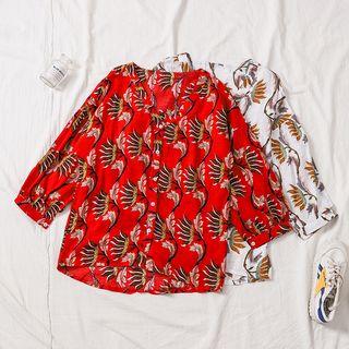 Elbow Sleeve V-neck Print Blouse
