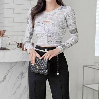 Newspaper-printed Knotted Crop Top