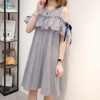 Cold-shoulder Short-sleeve Striped Mini Dress