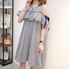 Cold-shoulder Short-sleeve Striped Mini Dress
