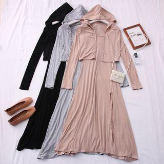Set: Slited Sleeveless Midi Dress + Open-front Hooded Light Jacket