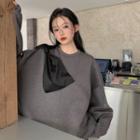 Bow-accent Loose-fit Sweatshirt Gray - One Size