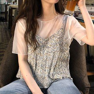 Set: Short-sleeve Chiffon Top + Floral Print Camisole Top Camisole Top - Purple & White - One Size / Top - White - One Size