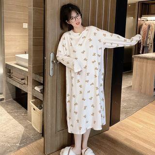 Long-sleeve Bear Print Midi Sleep Dress / Long-sleeve Sleep T-shirt / Lounge Pants / Set