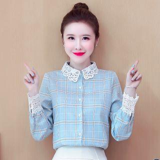 Long-sleeve Lace Trim Plaid Shirt