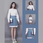 Set: Long Sleeve Plain T-shirt Dress + Denim A-line Skirt