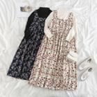 Long-sleeve Frill Trim Mock-neck Top / Floral Print Midi A-line Overall Dress