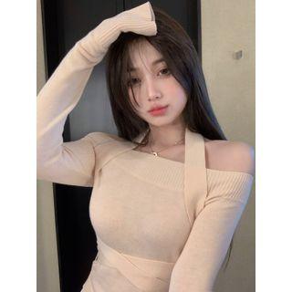 Cold-shoulder Knit Top Beige - One Size