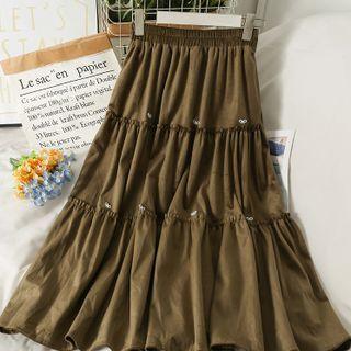 Ribbon-accent Ruffle-trim Velvet Midi Skirt