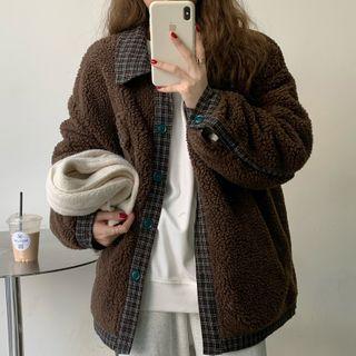 Plaid Trim Fleece Button Jacket