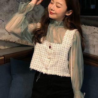 Mesh Lantern Sleeve Top / Plaid Tank Top