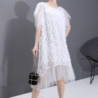 Mesh-sleeve Dot Applique Midi A-line Dress